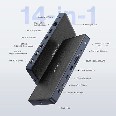 محطة إرساء iVANKY 14 في 1 FusionDock Pro 1 MacBook DisplayLink مع محول طاقة 150 وات، شاشة ثلاثية 4K@60 هرتز لـ M1/ M2/ M3 MacBook Air/Pro Dock 3HDMI 2.0، 96W PD، 6 USB، صوت Ethernet SD/TF in Saudi Arabia
