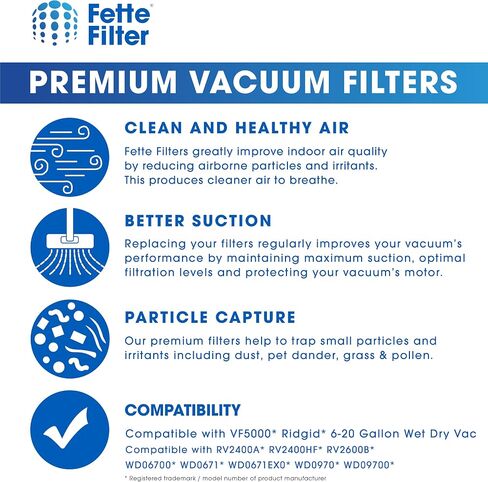 Fette Filter -VF4000 Replacement Filter for 5-20 Gallons and Larger Vacuum Cleaner, Compatible with Ridgid 72947 Wet Dry Vacs 5 to 20-Gal, Husky Vacs 6 to 9 Gal, Craftsman 17816. (2QTY) in Saudi Arabia