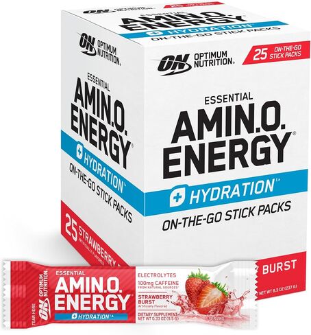 Optimum Nutrition Amino Energy Plus Hydration Packets, On-The-Go Energy Powder Stick Packs, Strawberry Burst, 25 Count in Kuwait