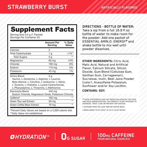 Optimum Nutrition Amino Energy Plus Hydration Packets, On-The-Go Energy Powder Stick Packs, Strawberry Burst, 25 Count in Kuwait
