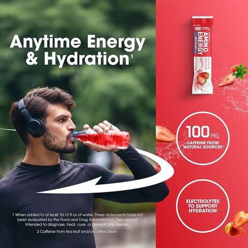 Optimum Nutrition Amino Energy Plus Hydration Packets, On-The-Go Energy Powder Stick Packs, Strawberry Burst, 25 Count in Kuwait