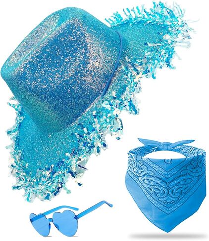 Cowboy Hats with Reflective Sequins for Women, Glitters Foil Brim Cowgirl hats with Bandana Heart Shaped Sunglasses in Kuwait