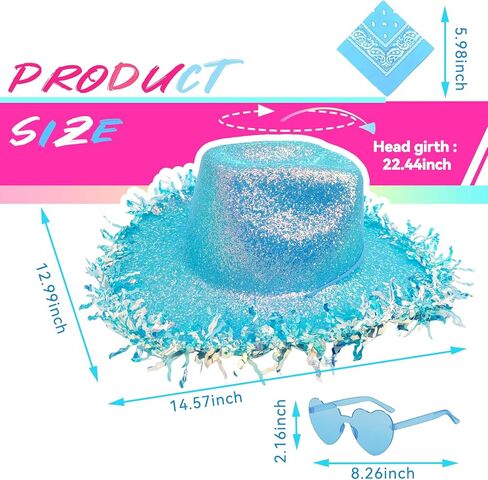 Cowboy Hats with Reflective Sequins for Women, Glitters Foil Brim Cowgirl hats with Bandana Heart Shaped Sunglasses in Kuwait