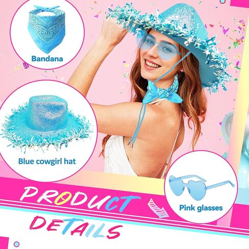 Cowboy Hats with Reflective Sequins for Women, Glitters Foil Brim Cowgirl hats with Bandana Heart Shaped Sunglasses in Kuwait