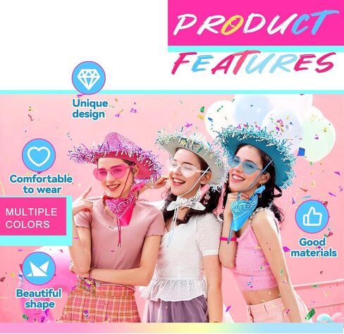 Cowboy Hats with Reflective Sequins for Women, Glitters Foil Brim Cowgirl hats with Bandana Heart Shaped Sunglasses in Kuwait