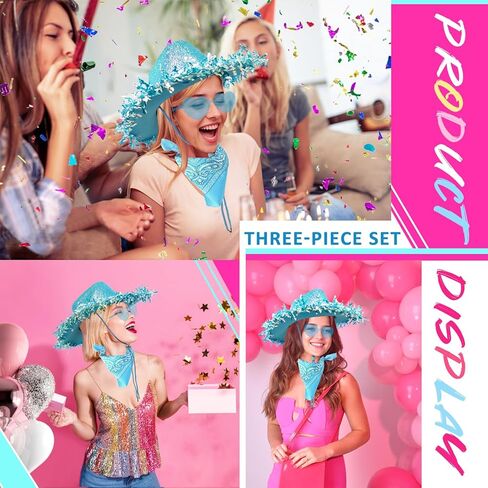 Cowboy Hats with Reflective Sequins for Women, Glitters Foil Brim Cowgirl hats with Bandana Heart Shaped Sunglasses in Kuwait