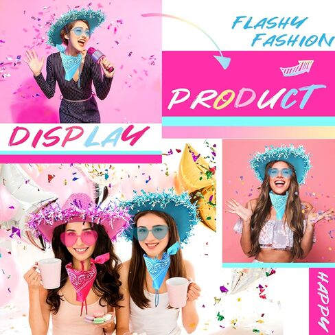 Cowboy Hats with Reflective Sequins for Women, Glitters Foil Brim Cowgirl hats with Bandana Heart Shaped Sunglasses in Kuwait