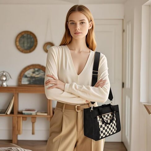 WJCD Women's Tote Handbags Stylish Vegan Leather Handheld Purse for Women Plaid Striped Adjustable Strap Durable Lightweight in Kuwait