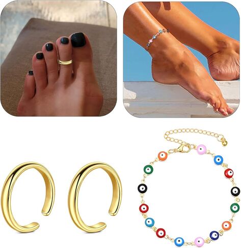 Briana Williams Toe Rings for Women Gold Silver Toe Ring Non Tarnish Ankle Bracelets for Women Waterproof Anklet & Toe Ring Set Trendy Summer Beach Foot Jewelry in Kuwait