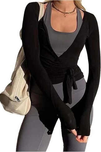 Ballet Tie Wrap Top for Women Long Sleeve Cover Up Yoga Pilates Workout Warp Shirts in Saudi Arabia