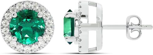 Lab Created Emerald and Lab Grown Diamond Halo Stud Earrings for Women | 10K Solid White Gold Earrings | Multiple Shapes and Weights to Choose From in Saudi Arabia