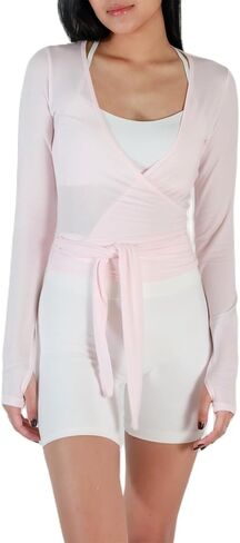 Women's Ballet Wrap Top Long Sleeve Tie Workout Pilates Yoga Wrap Top in Saudi Arabia