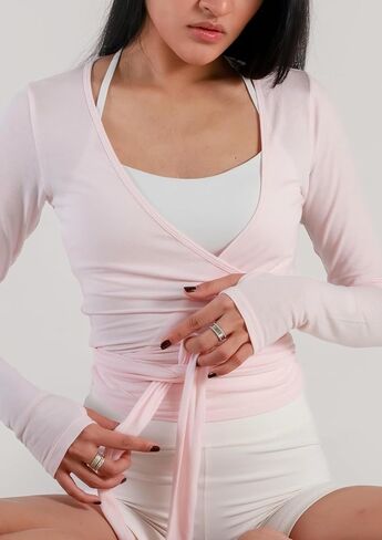Women's Ballet Wrap Top Long Sleeve Tie Workout Pilates Yoga Wrap Top in Saudi Arabia
