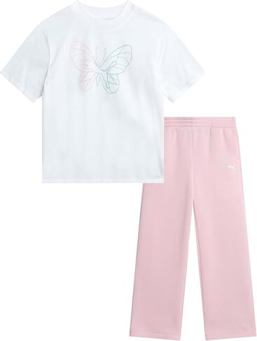 PUMA Girls' Pants Set - 2 Piece Short Sleeve Crewneck Fashion Graphic Tee Shirt and French Terry Flare Pants for Girls (7-14) in Saudi Arabia