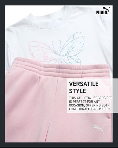 PUMA Girls' Pants Set - 2 Piece Short Sleeve Crewneck Fashion Graphic Tee Shirt and French Terry Flare Pants for Girls (7-14) in Saudi Arabia