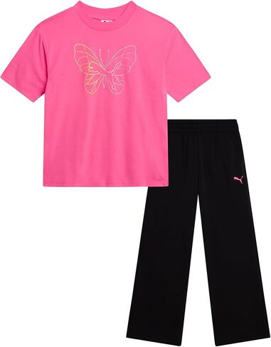 PUMA Girls' Pants Set - 2 Piece Short Sleeve Crewneck Fashion Graphic Tee Shirt and French Terry Flare Pants for Girls (7-14) in Kuwait