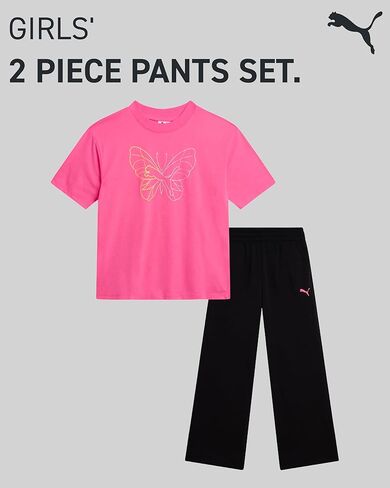 PUMA Girls' Pants Set - 2 Piece Short Sleeve Crewneck Fashion Graphic Tee Shirt and French Terry Flare Pants for Girls (7-14) in Kuwait