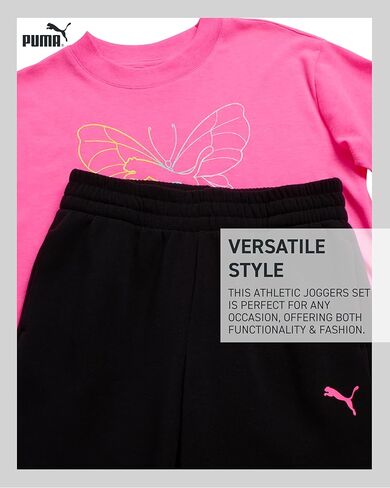 PUMA Girls' Pants Set - 2 Piece Short Sleeve Crewneck Fashion Graphic Tee Shirt and French Terry Flare Pants for Girls (7-14) in Kuwait