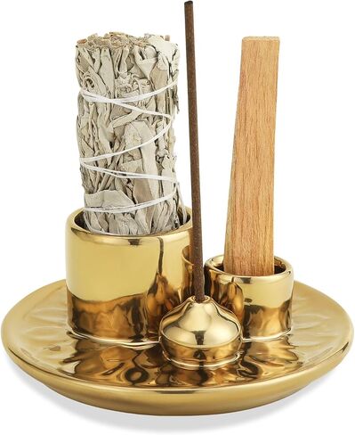 Handmade Ceramic Incense Burner for Palo Santo Incense Sticks, 4 in 1 Multi-Purpose Sage Holder for Burning, Ash Catcher Tray for Meditation Yoga Room (Golden) in Kuwait