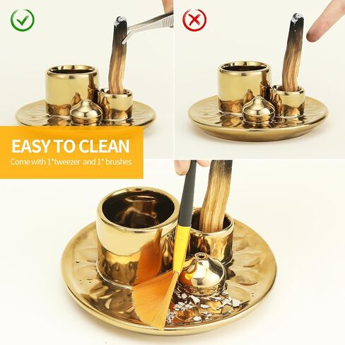 Handmade Ceramic Incense Burner for Palo Santo Incense Sticks, 4 in 1 Multi-Purpose Sage Holder for Burning, Ash Catcher Tray for Meditation Yoga Room (Golden) in Kuwait