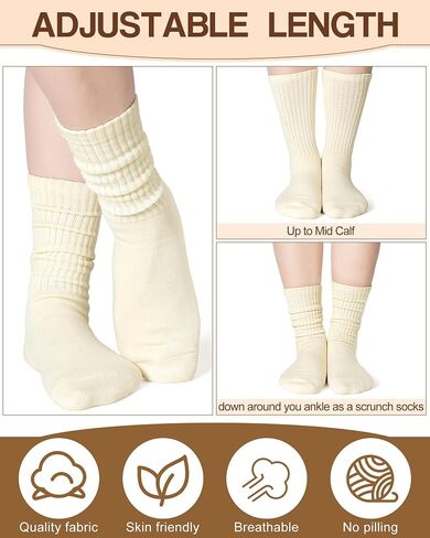 Zoooyawn 4 Pair Slouch Socks Cotton Baggy Scrunched Crew Socks Casual Slouchy Tube Neutral Aesthetic Ribbed Stacked Accessory in Saudi Arabia