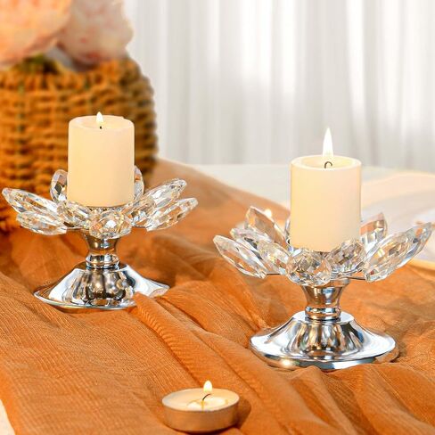 Crystal Lotus Flower Tea Light Holder, Glass Lotus Tealight Candlestick with Gold Metal Base, Votive Candle Stand for Table Centerpiece, Wedding/Parties Decor, Nice Gift (2, Silver) in Saudi Arabia