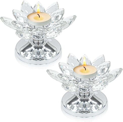 Crystal Lotus Flower Tea Light Holder, Glass Lotus Tealight Candlestick with Gold Metal Base, Votive Candle Stand for Table Centerpiece, Wedding/Parties Decor, Nice Gift (2, Silver) in Saudi Arabia
