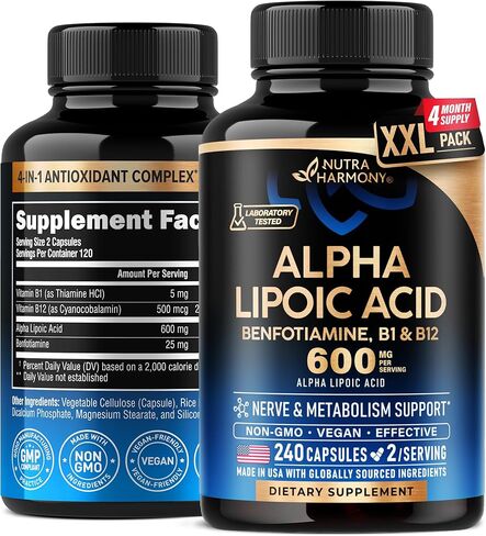 Alpha Lipoic Acid 600mg - ALA Supplement 4-in-1 with Benfotiamine, Vitamin B1 & B12 - Antioxidant, Metabolism & Nerve Support - Laboratory Tested, NON-GMO & Vegan - 120 Capsules, 2 Month Supply in Saudi Arabia