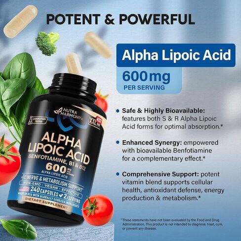 Alpha Lipoic Acid 600mg - ALA Supplement 4-in-1 with Benfotiamine, Vitamin B1 & B12 - Antioxidant, Metabolism & Nerve Support - Laboratory Tested, NON-GMO & Vegan - 120 Capsules, 2 Month Supply in Saudi Arabia