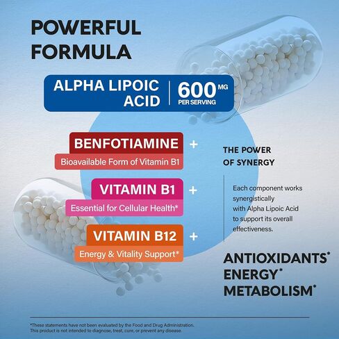 Alpha Lipoic Acid 600mg - ALA Supplement 4-in-1 with Benfotiamine, Vitamin B1 & B12 - Antioxidant, Metabolism & Nerve Support - Laboratory Tested, NON-GMO & Vegan - 120 Capsules, 2 Month Supply in Saudi Arabia