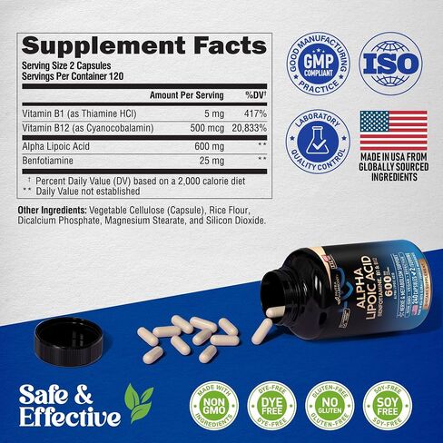 Alpha Lipoic Acid 600mg - ALA Supplement 4-in-1 with Benfotiamine, Vitamin B1 & B12 - Antioxidant, Metabolism & Nerve Support - Laboratory Tested, NON-GMO & Vegan - 120 Capsules, 2 Month Supply in Saudi Arabia