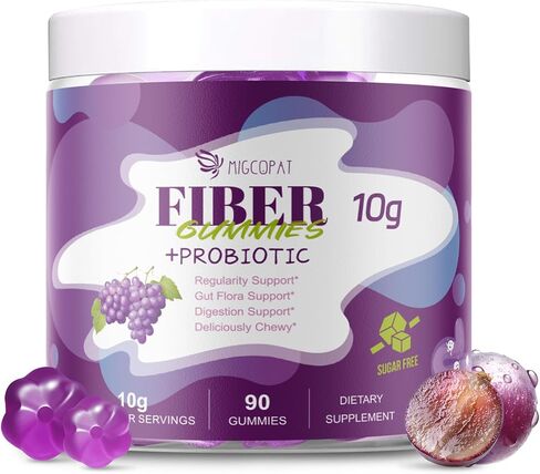 10G Fiber Gummies for Adults, No Sugar Added Grape Flavor, Fiber Supplement with 30 Billion CFU Probiotics Blend, ACV, Vitamin C, Inulin, Support Digestive Health, 90 Count in Kuwait