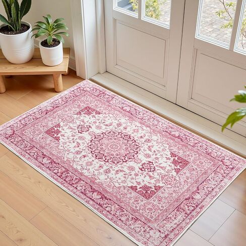 2x3 Bright Pink Area Rug for Entryway, Small Washable Rugs with Non-Slip Backing for Girls Bedroom, Cute Vintage Throw Carpet Kitchen Laundry Front Door Decor in Saudi Arabia