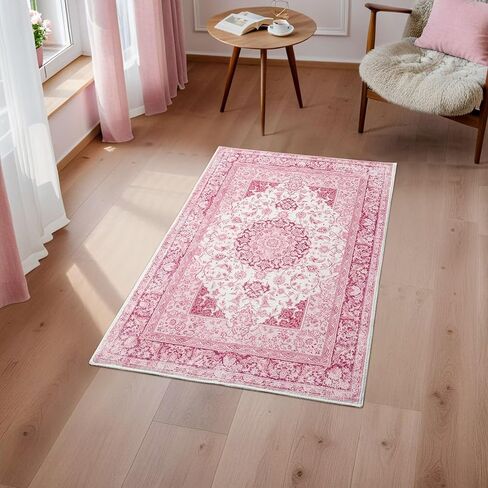 2x3 Bright Pink Area Rug for Entryway, Small Washable Rugs with Non-Slip Backing for Girls Bedroom, Cute Vintage Throw Carpet Kitchen Laundry Front Door Decor in Saudi Arabia