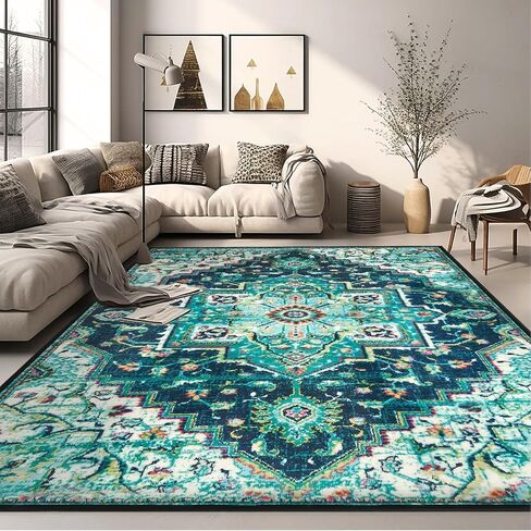 Area Rugs 5x7 Washable Soft Living Room Rug, Vintage Boho Non-Slip/Non-Shedding Print Floor Carpet for Dining Room, Bedroom-Green in Saudi Arabia