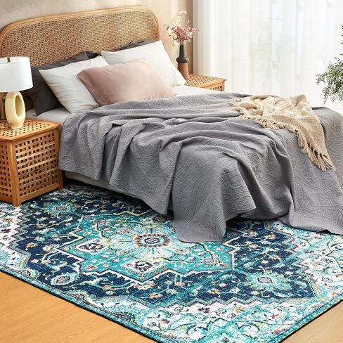 Area Rugs 5x7 Washable Soft Living Room Rug, Vintage Boho Non-Slip/Non-Shedding Print Floor Carpet for Dining Room, Bedroom-Green in Saudi Arabia