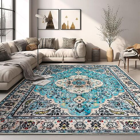 Area Rugs 5x7 Washable Soft Living Room Rug, Vintage Boho Non-Slip/Non-Shedding Print Floor Carpet for Dining Room, Bedroom-Green in Saudi Arabia
