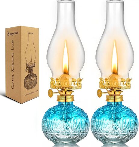 2 Pcs Chamber Oil Lamps for Indoor Use Lantern Kerosene Hurricane Vintage Glass Lamp, Large Classic Decor Lamp for Home Emergency Lighting 11Inch Height (Gradient Blue) in Saudi Arabia