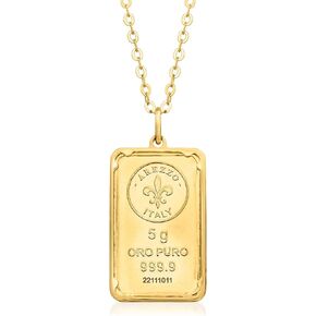 Ross-Simons Italian 24kt Yellow Gold Fleur-De-Lis 5-Gram Ingot Pendant Necklace With 14kt Gold Frame
