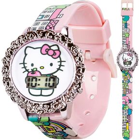 Sanrio Hello Kitty Kids Flashing LCD Watch – Pink Cityscape Strap, Decorative Bezel, Digital Display, Light-Up Feature, Adjustable Fit, Adorable Design, Great Gift for Girls – Fits Wrists 5.5" to 8"