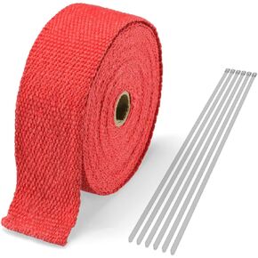 Red Exhaust Pipe Insulation Thermal Heat Wrap 2" x 50' Motorcycle Header Protection Fiberglass Heat Shield 6x Stainless Ties