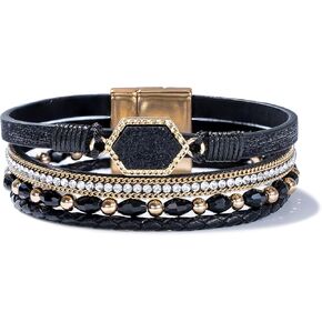 FANCY SHINY Crystal Beaded Leather Wrap Bracelet Stackable Boho Jewelry for Women Resin Stone Bangle Cuff with Magnetic Clasp