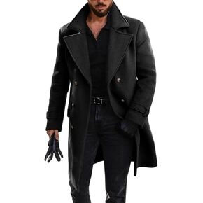 Runcati Mens Double Breasted Trench Coat Mid Long Jacket Notched Lapel Winter Chunky Warm Overcoat