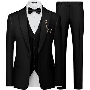 MAGE MALE Mens Suit Slim Fit 3 Piece Tuxedo Suits One Button Wedding Prom Party Dinner Blazer Vest Black Pants Set