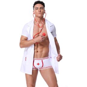 Mens Sexy Lingerie Set Role Play Doctor Uniform Night Club Costume Outfit,Men Thong Underwear White