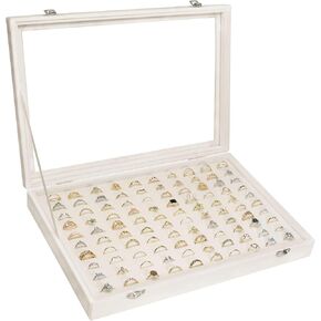 Velvet Ring Display Tray Organizer Box with Transparent Lid, 100 Slot Ring Holder Showcase For Store Display Jewelry Show Home, Ring Organizer For Rings Earrings (Black)