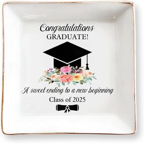 Graduation Gift for Her 2025– 4" Ceramic Jewelry Tray Dish with Cap & Flowers– Class of 2025 Gift for Daughter, Sister, Friend– High School, College or University Graduate Keepsake, Jewelry Dish Gift