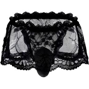 Mens Lace Sexy Underwear, Sissy Pouch Panties Femboy For Men, Low Rise Bow Lingerie Fits 32-42, Sheer Girly
