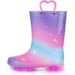 EUXTERPA Toddler Kids Waterproof Light Up Rain Boots Patterns and Glitter Boots with Handles for Girls, Purple Gradient, Big Kid Size 1