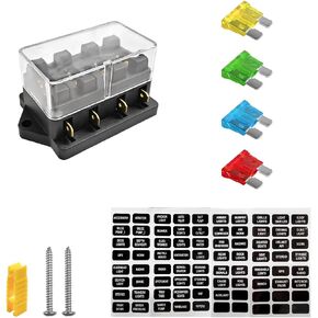 4 Way Blade Fuse Block Box Holder, 4 Circuit Fuse Box with Blade Fuses Screws Fuse Extractor Label, 10-32V DC Waterproof Marine Power Distribution Panel for Car Truck SUV